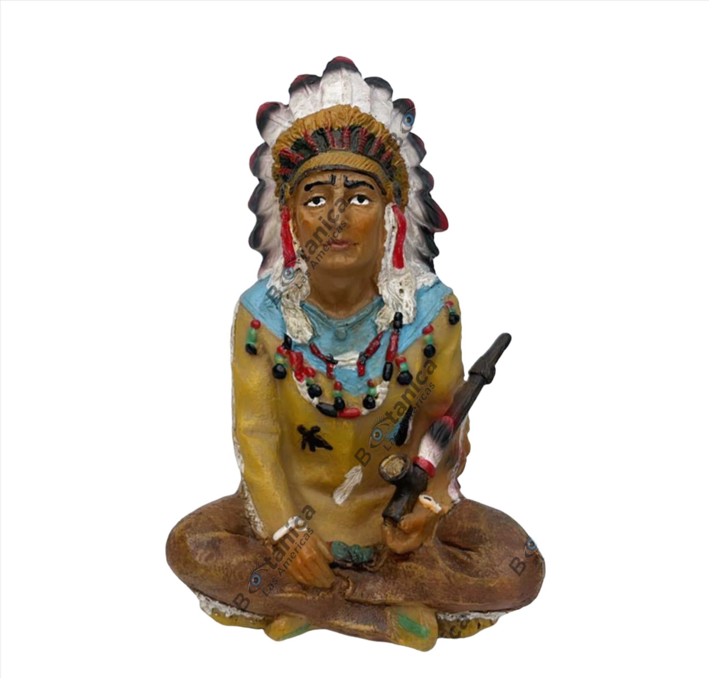 Sitting Cross-Legged Native American Indian Chief with Feather Headdress and Pipe 4.75"