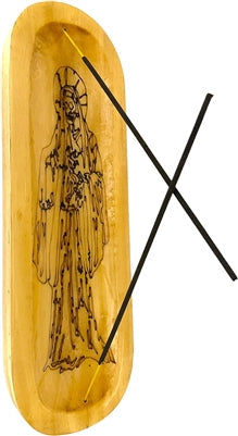 Wooden Handmade Incense Holder Boat Shape, Single - Santa Muerte Etch
