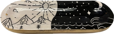 Wooden Handmade Incense Holder Boat Shape, Single - Day and Night (White and Black Scene)