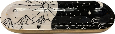 Wooden Handmade Incense Holder Boat Shape, Single - Day and Night (White and Black Scene)