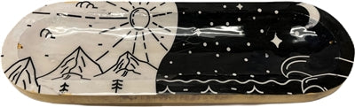 Wooden Handmade Incense Holder Boat Shape, Single - Day and Night (White and Black Scene)