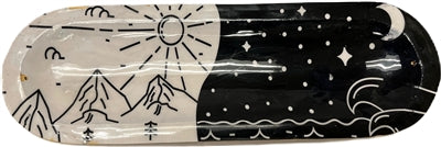 Wooden Handmade Incense Holder Boat Shape, Single - Day and Night (White and Black Scene)