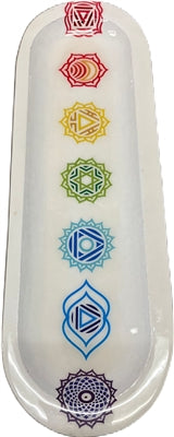Wooden Handmade Incense Holder Boat Shape, Single - 7 Chakra Symbols Model 2