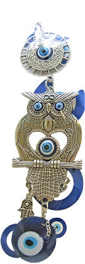 Charm Evil Eye - Silver colored Flat Owl with Hamsa and Evil Eye ornament /Charm 10"