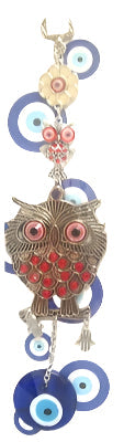 Evil Eye - Owl with red Rhinestone and Evil Eye ornament and Bells /Charm 10"