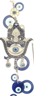 Evil Eye - White Hamsa with Blue outline and Evil Eye ornament and Bells /Charm 10"