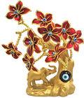 Gold Colored Evil Eye Bonsai tree with Elephant and Red Flowers Model D-20