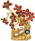 Gold Colored Evil Eye Bonsai tree with Elephant and Red Flowers Model D-20