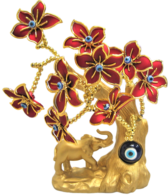 Gold Colored Evil Eye Bonsai tree with Elephant and Red Flowers Model D-20