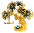 Gold colored Evil Eye Bonsai tree with Elephants and Blue Flowers Model D-608