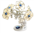 Silver colored Evil Eye Bonsai tree with Elephants and White Flowers Model D-621