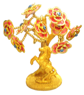 Gold colored Evil Eye Bonsai tree with Horse and Red Flowers Model L-02-2