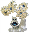 Silver colored Evil Eye Bonsai tree with Owl and White Flowers Model M-09