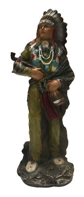 Native American Indian with Feather Headdress, Pipe and Pouch 8"
