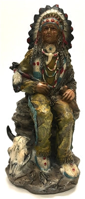 Native American Indian with Feather Headdress and Pipe Sitting on a Rock Next to Bison Skull 9"