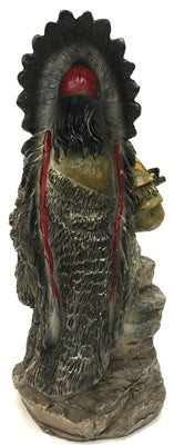 Native American Indian with Feather Headdress and Pipe Sitting on a Rock Next to Bison Skull 9"