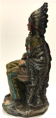 Native American Indian with Feather Headdress and Pipe Sitting on a Rock Next to Bison Skull 9"