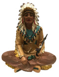 Sitting Cross-Legged North American Indian Chief with Feather Headdress and Pipe 10"