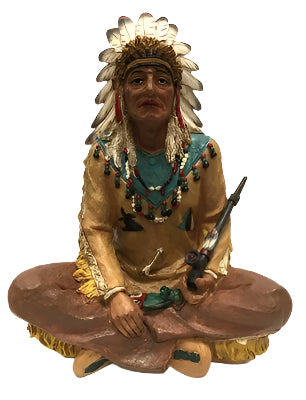 Sitting Cross-Legged North American Indian Chief with Feather Headdress and Pipe 10"