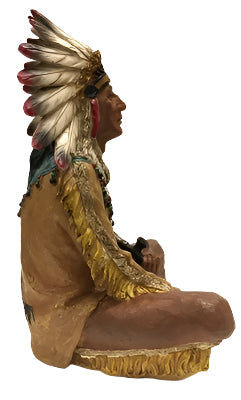 Sitting Cross-Legged North American Indian Chief with Feather Headdress and Pipe 10"
