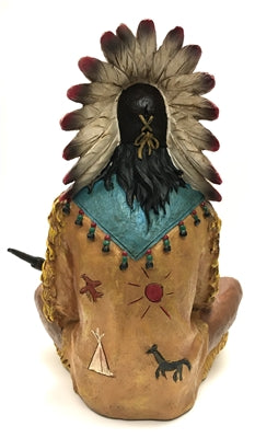 Sitting Cross-Legged North American Indian Chief with Feather Headdress and Pipe 10"