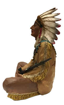 Sitting Cross-Legged North American Indian Chief with Feather Headdress and Pipe 10"