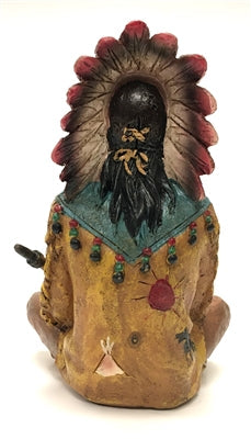 Sitting Cross-Legged Native American Indian Chief with Feather Headdress and Pipe 4.75"