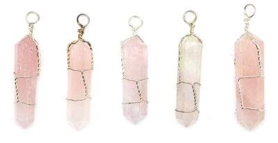Wire Wrapped Natural Rose Quartz Crystal Point Pendant