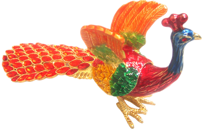 Peacock with red folded wings- Bejeweled Trinket Box -TRNK-5871-red